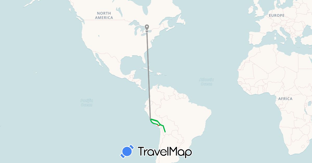 TravelMap itinerary: bus, plane, hiking in Bolivia, Canada, Peru (North America, South America)